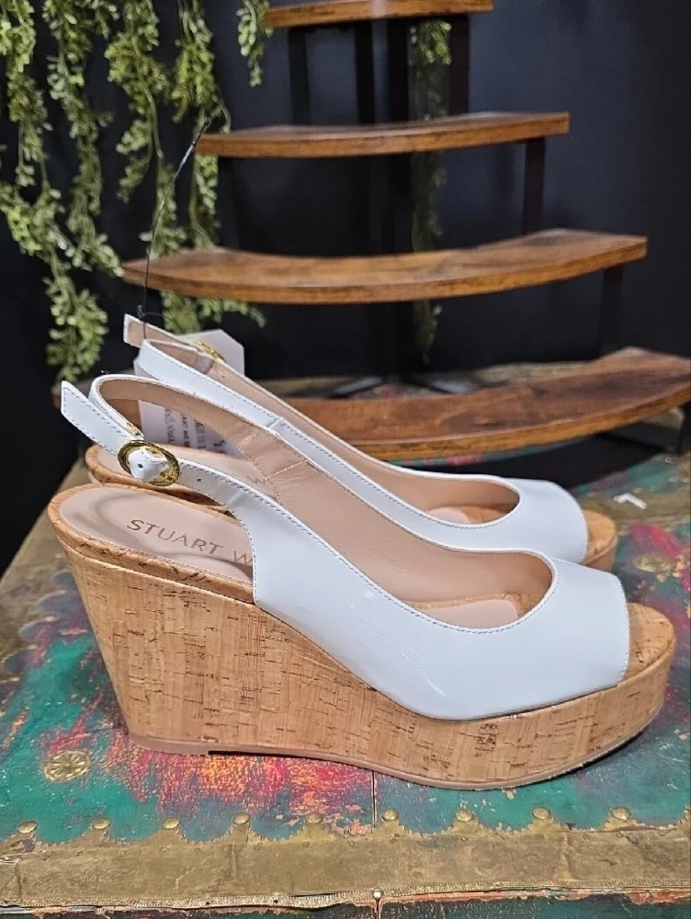 Stuart Weitzman White Cork Wedge Slingback Sandals